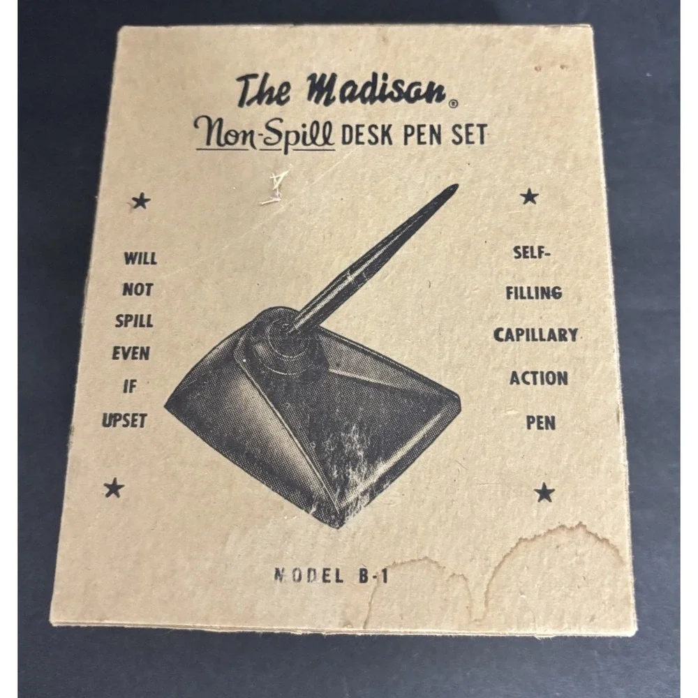 The Madison Non Spill Desk Pen Set Inkwell & Fountain Pen Black with Box